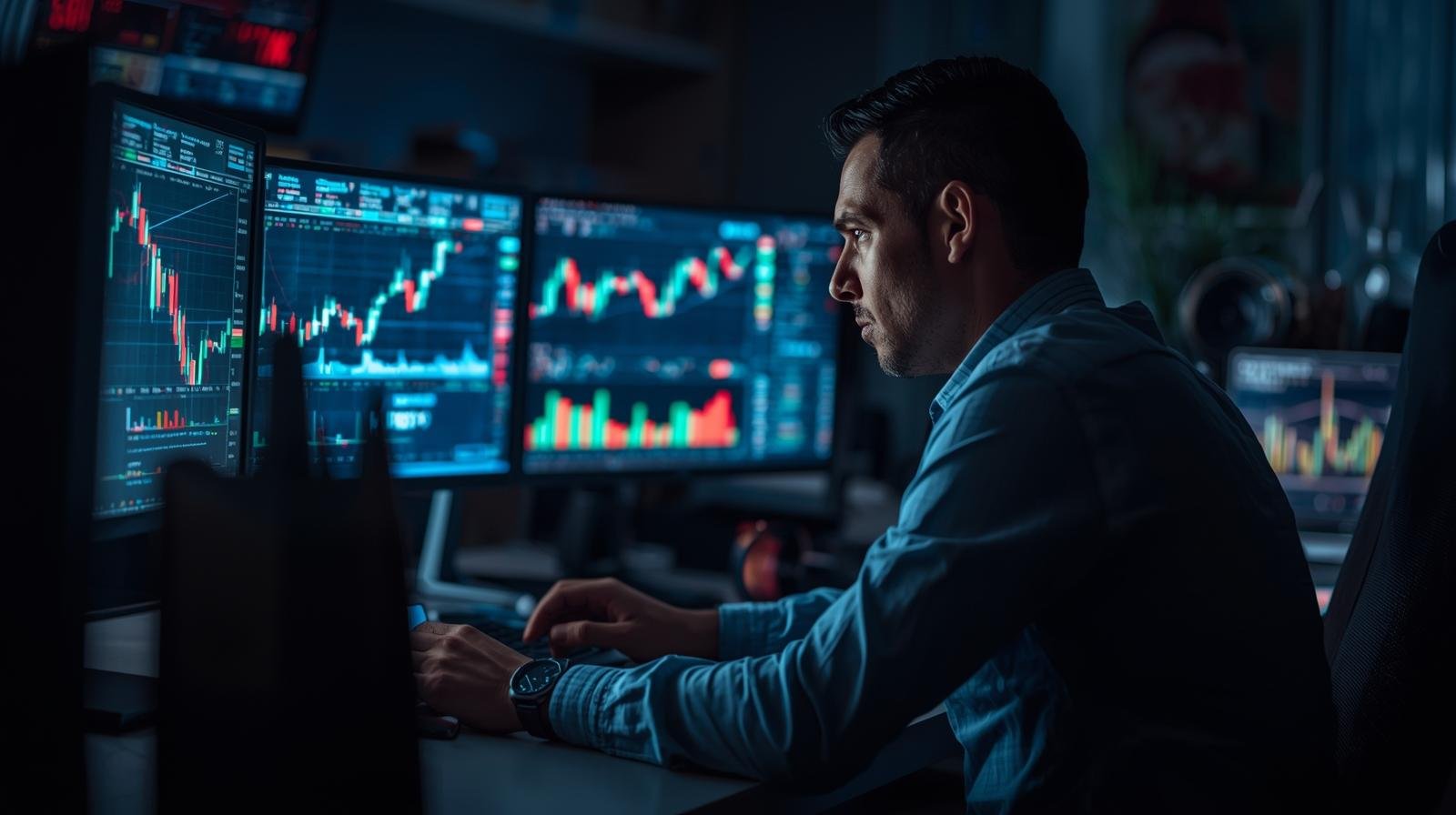 Working man with a computer looking at a crypto trading at his desk